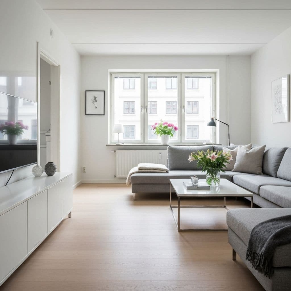 Skinande rent vardagsrum i Stockholmslägenhet efter professionell hemstädning